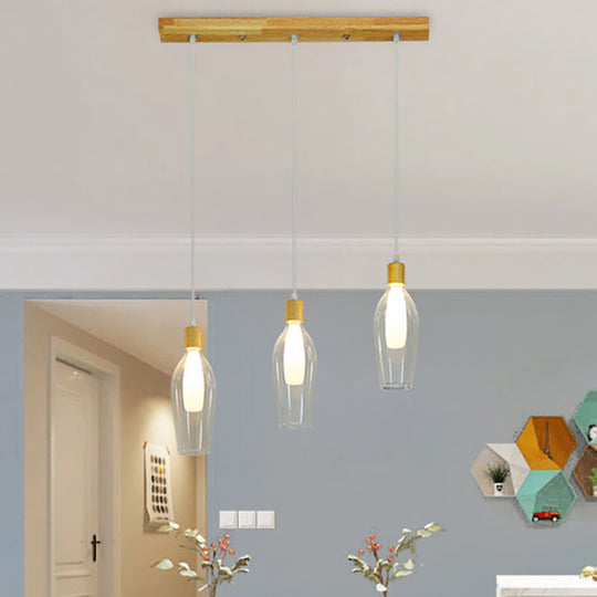 Modern Tulip Glass Pendant Chandelier Clear Wood Accents 3-Bulb Hanging Ceiling Lamp