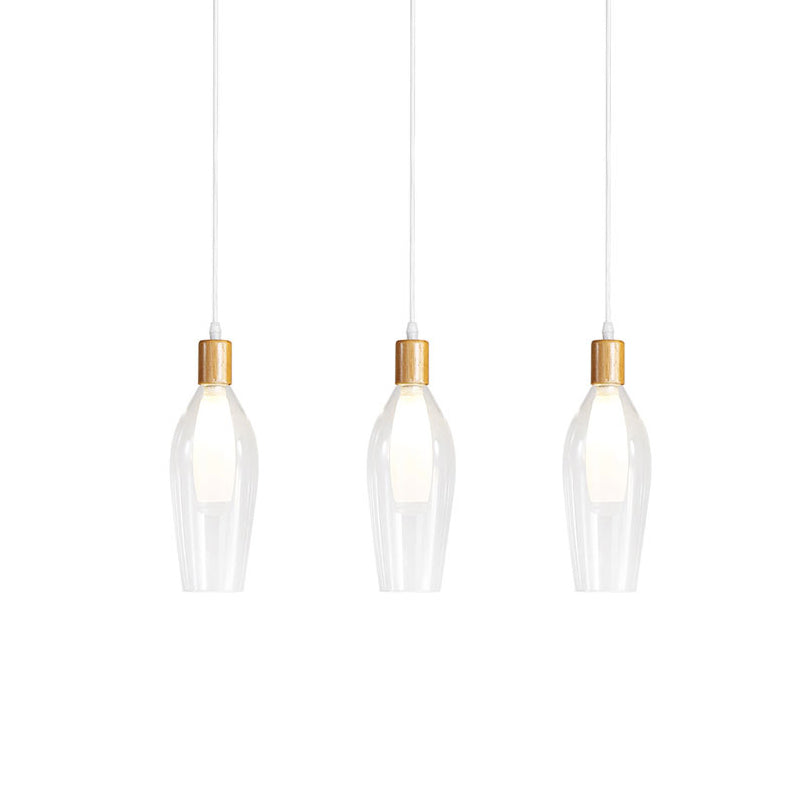 Modern Clear Glass Tulip Pendant Chandelier With Wood Detail- 3-Bulb Hanging Ceiling Lamp