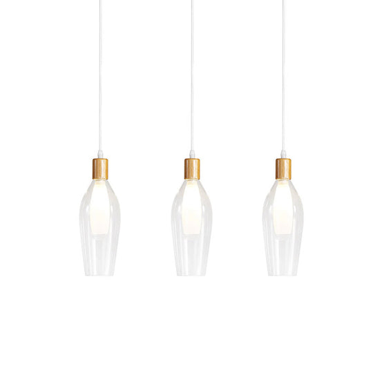 Modern Clear Glass Tulip Pendant Chandelier With Wood Detail- 3-Bulb Hanging Ceiling Lamp