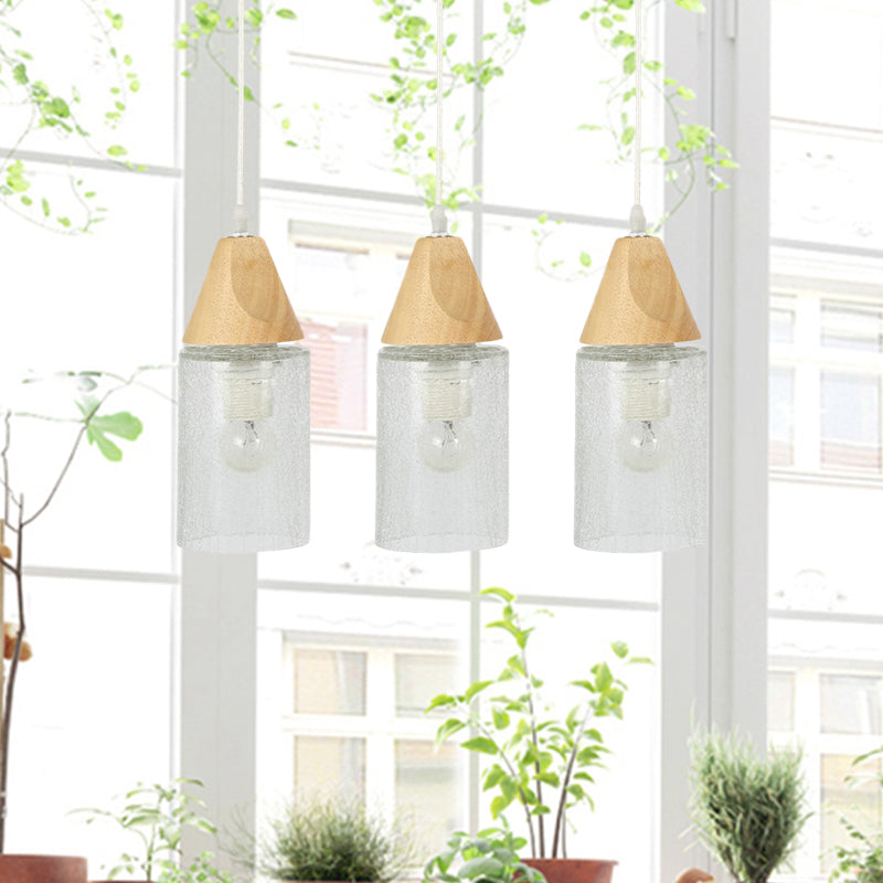 Modern Cracked Glass Tube Pendant With Wood Suspension - 3-Bulb Multi-Light Lamp For Dining Room