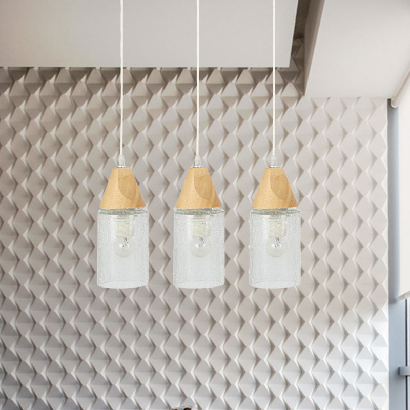 Modern Cracked Glass Tube Pendant With Wood Suspension - 3-Bulb Multi-Light Lamp For Dining Room