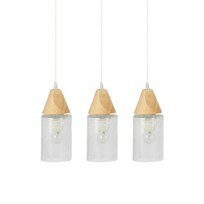 Modern Cracked Glass Tube Pendant With Wood Suspension - 3-Bulb Multi-Light Lamp For Dining Room