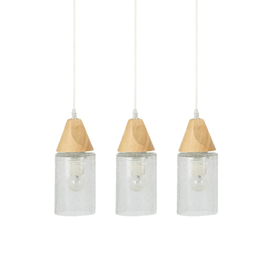 Modern Cracked Glass Tube Pendant With Wood Suspension - 3-Bulb Multi-Light Lamp For Dining Room