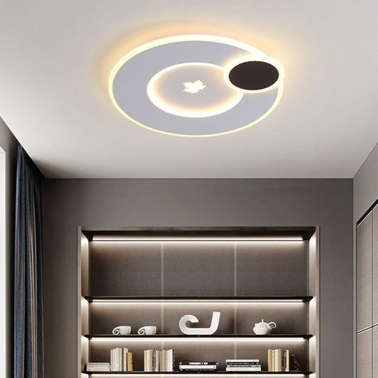 Modern Round Led Ceiling Light With Maple Leaf Pattern - 16/19.5 Wide White Flushmount For Bedrooms