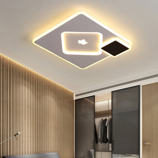 Modern Acrylic Led Flush Mount Light Fixture With Maple Leaf Pattern - 16’/19.5’ Wide Black/White