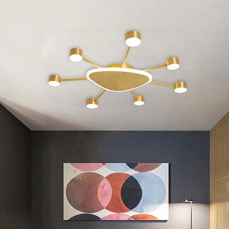 Modern Metal Brass Starburst Led Ceiling Light - Triangular 14/24.5 Wide Flush Mount With Drum