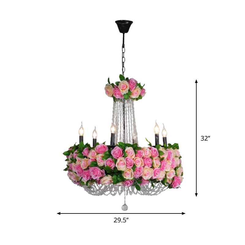Pink Iron Flower Candelabra Chandelier With Crystal Accents For Farmhouse Lighting