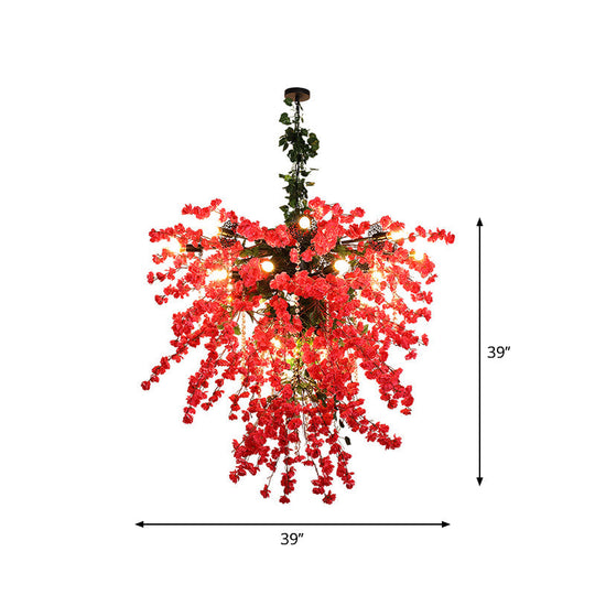 Red Iron Starburst Flower Chandelier Pendant Light With Crystal Bead Strand - 19 Lights