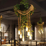 Pink/Green 6-Light Chandelier Lamp With Hemp Rope Design - Flower Pendant & Rubber Tire Decoration