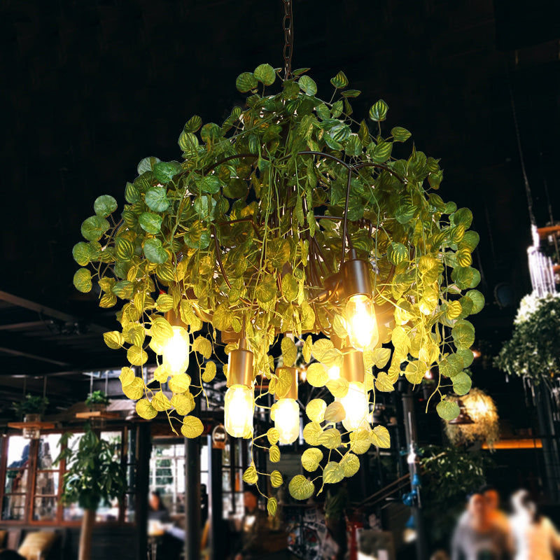 Green Loft Iron 6-Head Exposed Bulb Chandelier With Plant Decor For Restaurant Ceiling Pendant