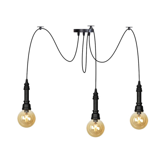 Vintage Black Finish Amber Glass Chandelier - Multi Light Pendant Lamp For Global Restaurants