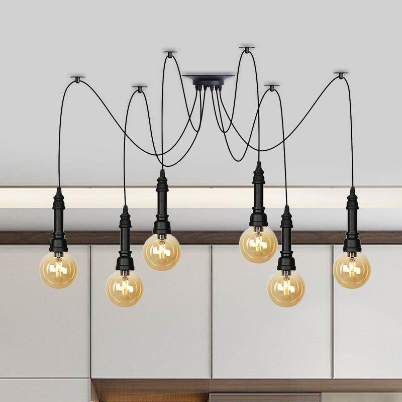 Vintage Black Finish Amber Glass Chandelier - Multi Light Pendant Lamp For Global Restaurants