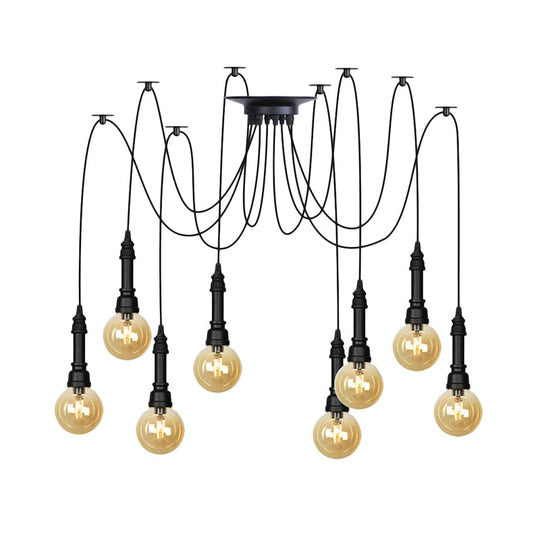 Vintage Black Finish Amber Glass Chandelier - Multi Light Pendant Lamp For Global Restaurants