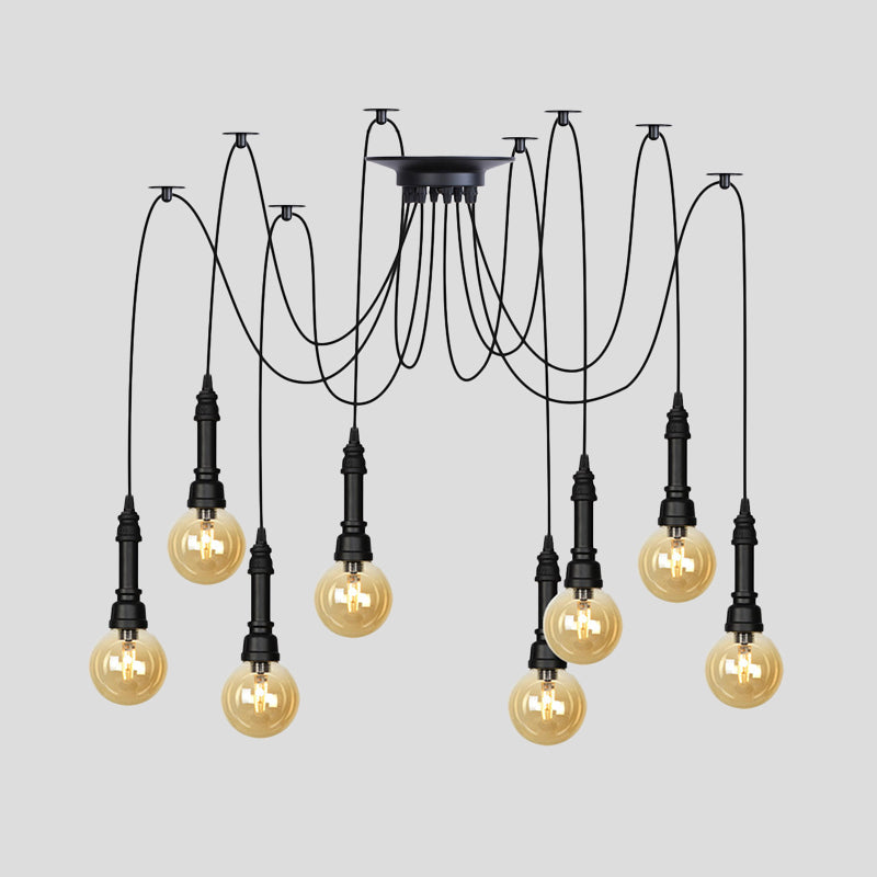 Vintage Black Finish Amber Glass Chandelier - Multi Light Pendant Lamp For Global Restaurants