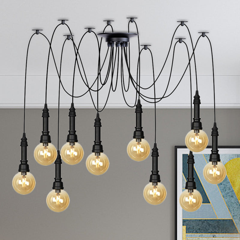 Vintage Black Finish Amber Glass Chandelier - Multi Light Pendant Lamp For Global Restaurants