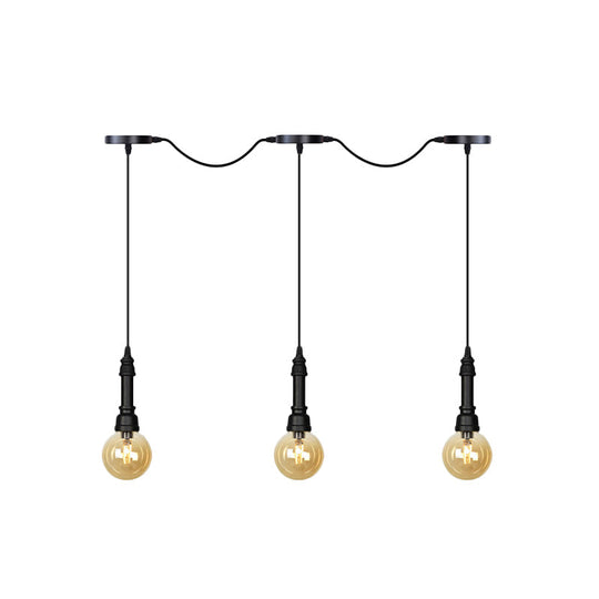 Vintage Amber Glass Ball Pendant Lamp In Black - Tandem Led Ceiling Light 3/5/7-Light Coffee House