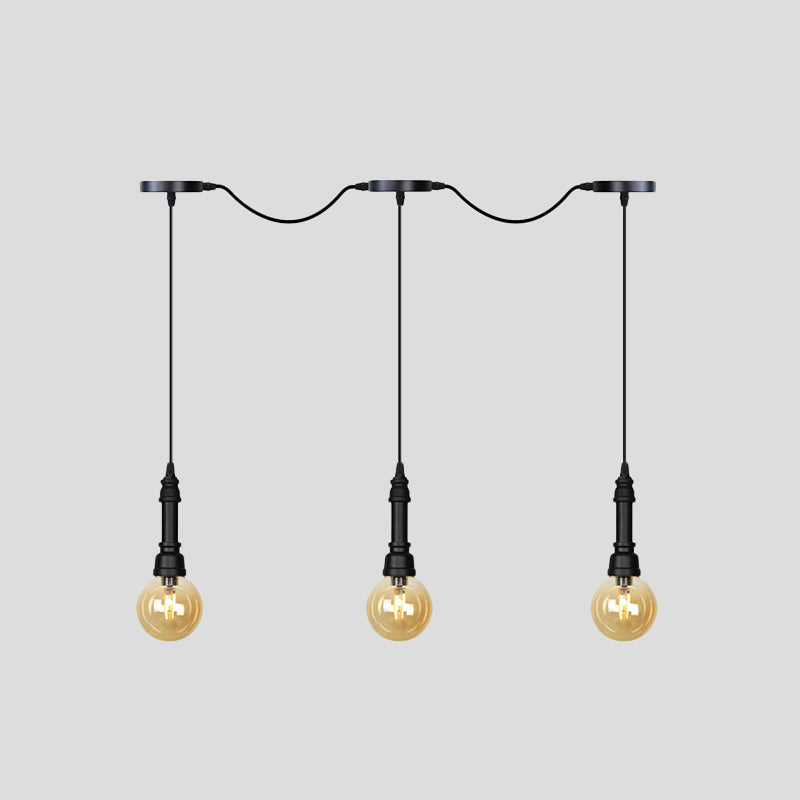 Vintage Amber Glass Ball Pendant Lamp In Black - Tandem Led Ceiling Light 3/5/7-Light Coffee House