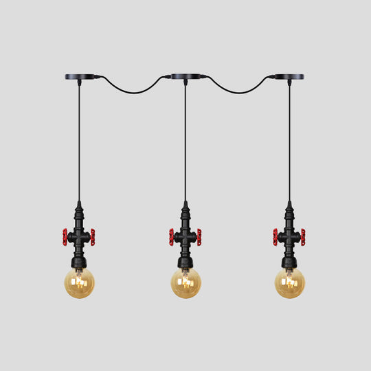Antiqued Sphere Multi Light Chandelier With Amber Glass Pendant - Led Suspension In Black