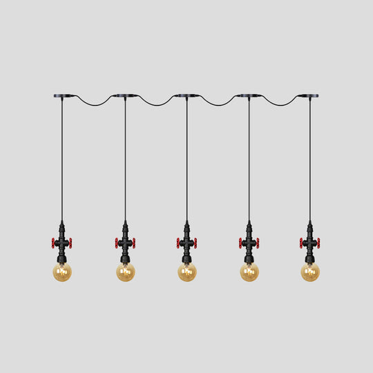 Antiqued Sphere Multi Light Chandelier With Amber Glass Pendant - Led Suspension In Black