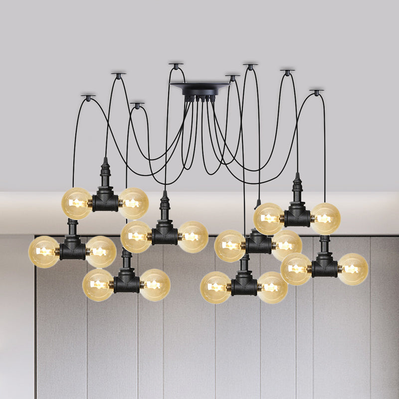 Industrial Orb Amber Glass Pendant Lamp - Multi Hanging Light Fixture (4/6/12 Bulbs) In Black
