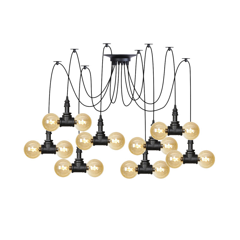 Industrial Orb Amber Glass Pendant Lamp - Multi Hanging Light Fixture (4/6/12 Bulbs) In Black