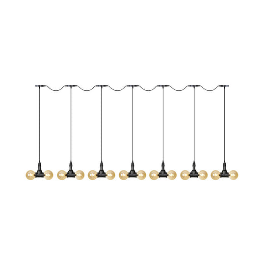 Vintage Amber Glass Pendant Lamp With Black Tandem Led And Multi-Head Design