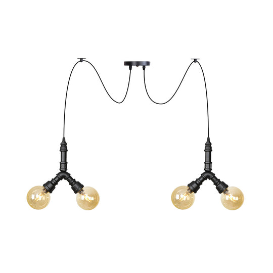 Industrial Swag Pendant Light - Amber Glass Globe Multiple Ceiling Lights Led Black Finish Perfect