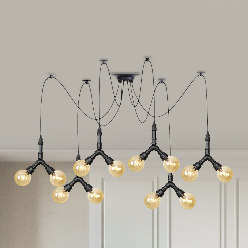 Industrial Swag Pendant Light - Amber Glass Globe Multiple Ceiling Lights Led Black Finish Perfect