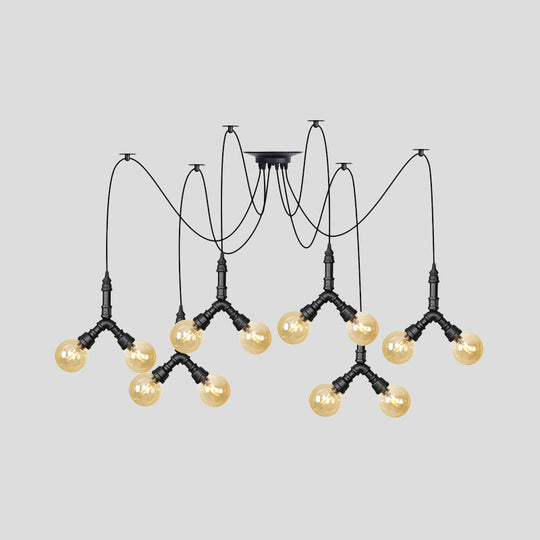 Industrial Swag Pendant Light - Amber Glass Globe Multiple Ceiling Lights Led Black Finish Perfect