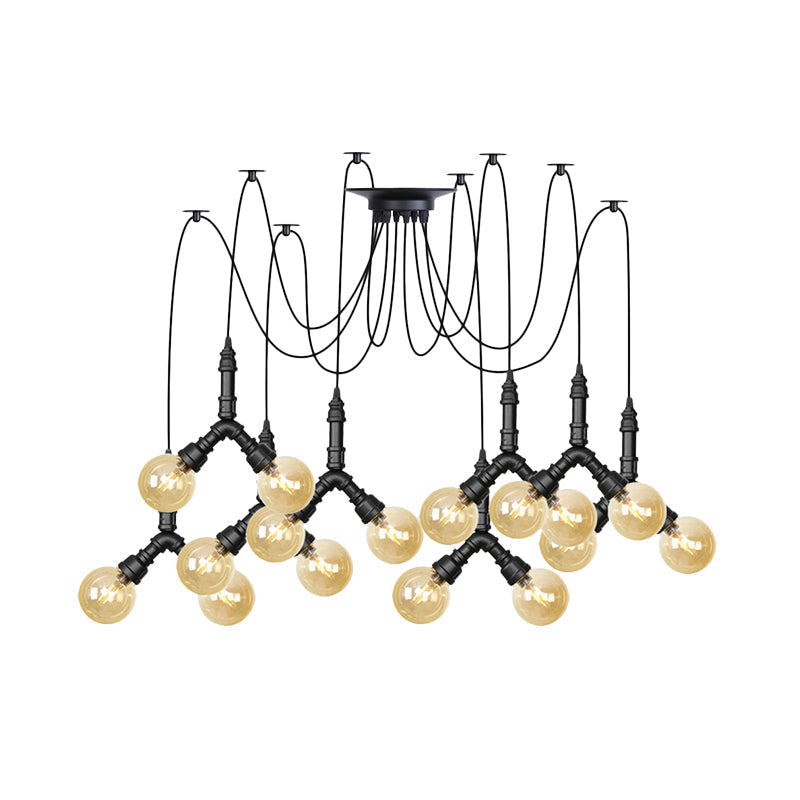 Industrial Swag Pendant Light - Amber Glass Globe Multiple Ceiling Lights Led Black Finish Perfect