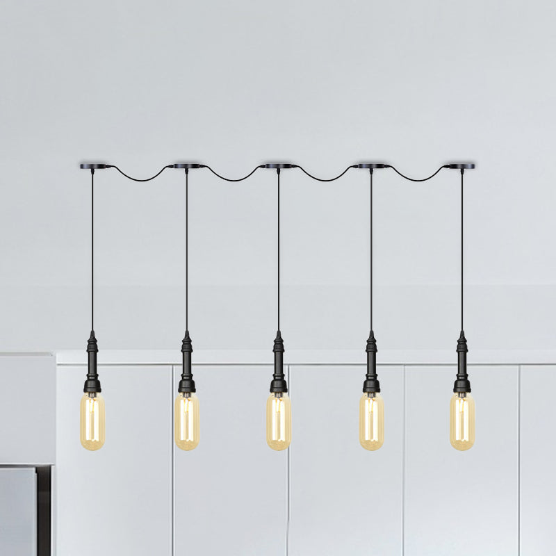 Modern Industrial Amber Glass Chandelier With Led Lights - Black Finish Tandem Hanging Ceiling Lamp