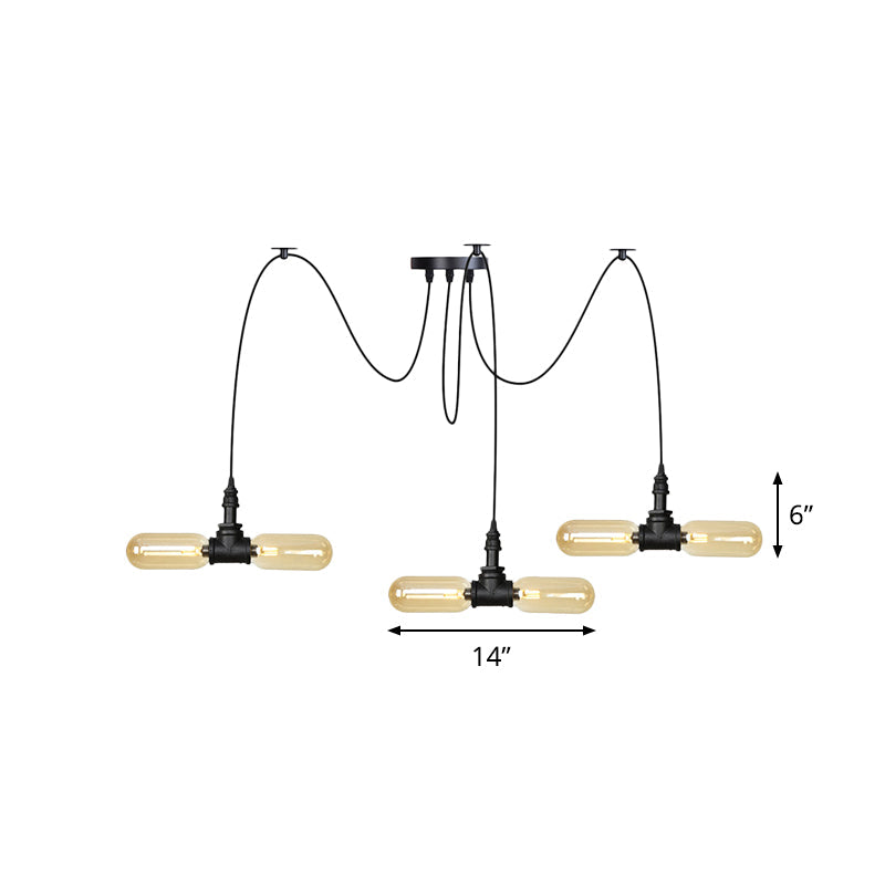 Vintage Black Capsule Led Pendant Lamp - Amber Glass 4/6/12-Bulb Restaurant Swag Multi Ceiling