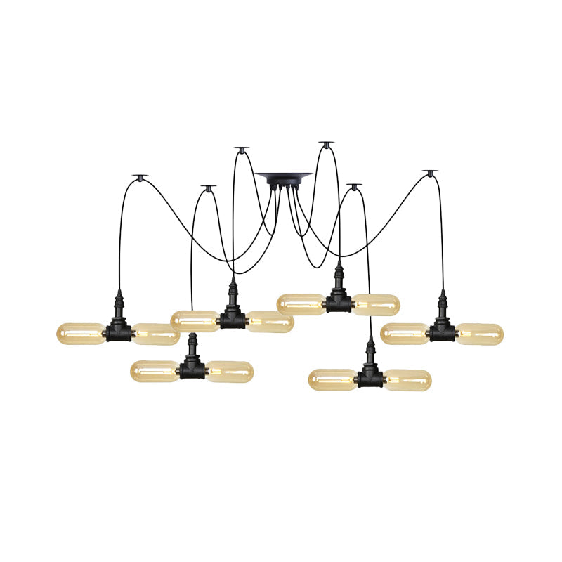 Vintage Black Capsule Led Pendant Lamp - Amber Glass 4/6/12-Bulb Restaurant Swag Multi Ceiling