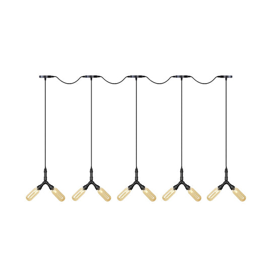 Industrial Restaurant Ceiling Light With Multi Bulbs: Tandem Pendant Lamp In Black Colored Glass