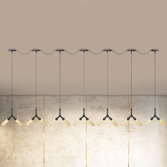 Industrial Restaurant Ceiling Light With Multi Bulbs: Tandem Pendant Lamp In Black Colored Glass