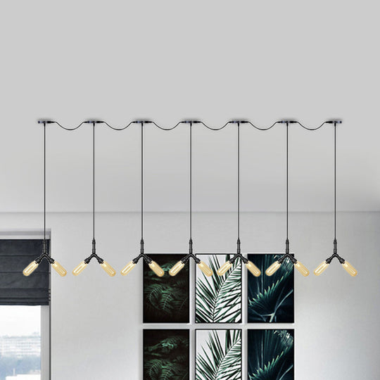 Industrial Restaurant Ceiling Light With Multi Bulbs: Tandem Pendant Lamp In Black Colored Glass
