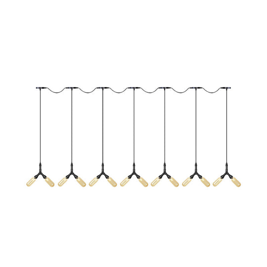 Industrial Restaurant Ceiling Light With Multi Bulbs: Tandem Pendant Lamp In Black Colored Glass