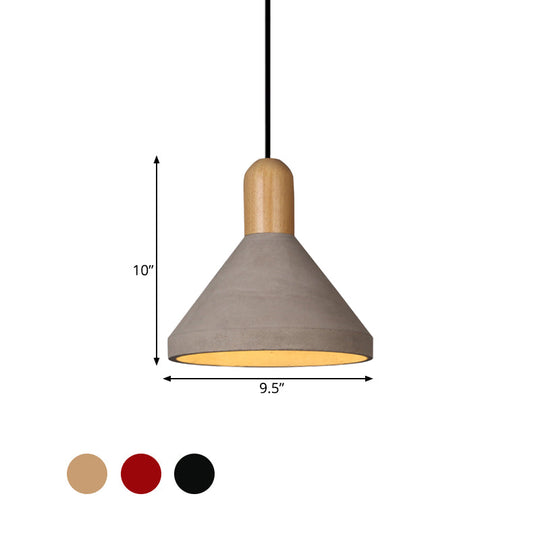 Antiqued Conical Cement Ceiling Light Restaurant Pendant Lamp In Grey With Wood Accents