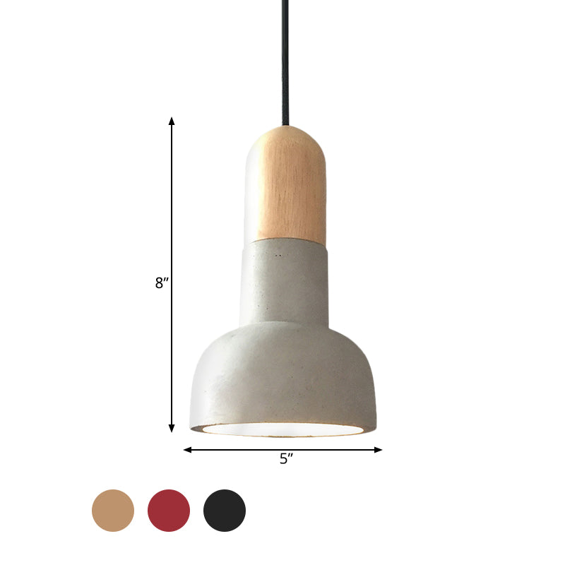 Dome Industrial Cement Pendant Light Fixture - Grey With Red/Black/Wood Accents