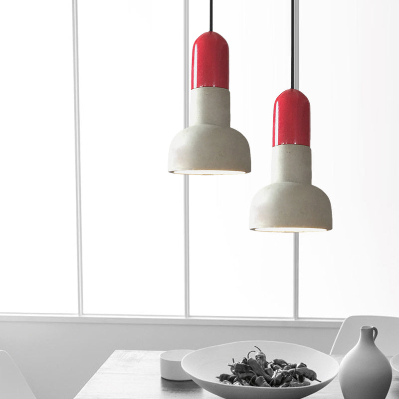 Dome Industrial Cement Pendant Light Fixture - Grey With Red/Black/Wood Accents