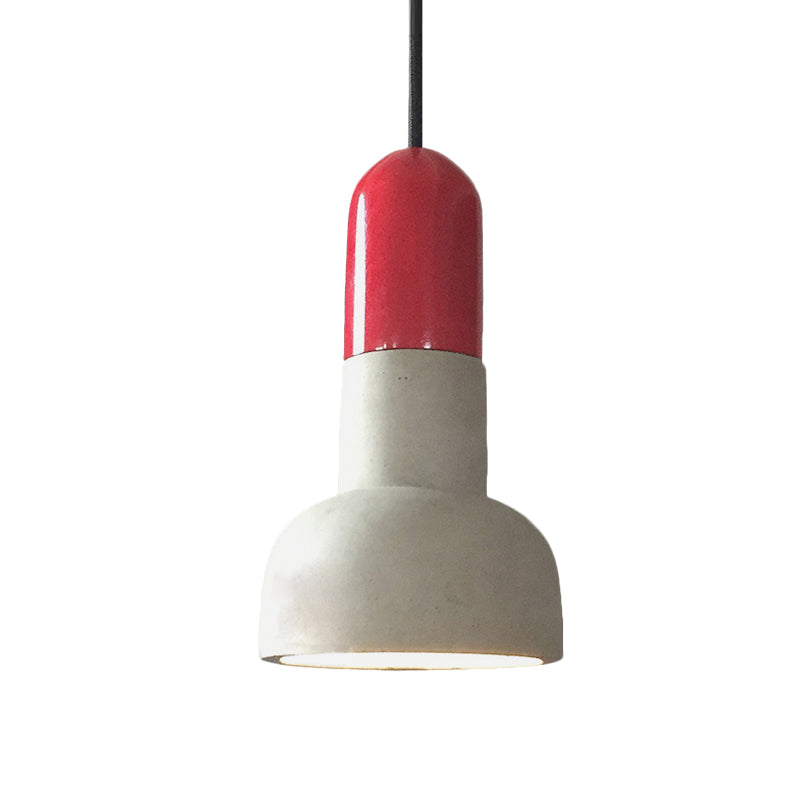 Dome Industrial Cement Pendant Light Fixture - Grey With Red/Black/Wood Accents