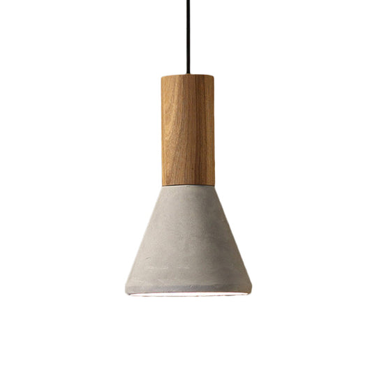 Industrial Pendant Lamp With Wood Top - Cement Grey Cone/Trapezoid/Can Shape 1-Head