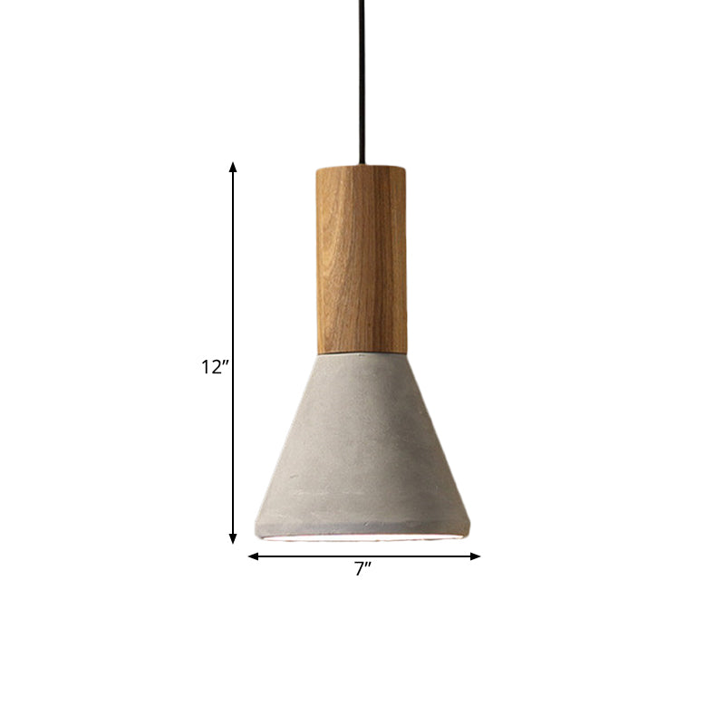 Industrial Pendant Lamp With Wood Top - Cement Grey Cone/Trapezoid/Can Shape 1-Head