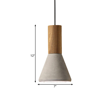 Industrial Cement Grey Pendant Light Kit With Wood Top - Cone/Trapezoid/Can Styles 1-Head 8.5/10/12