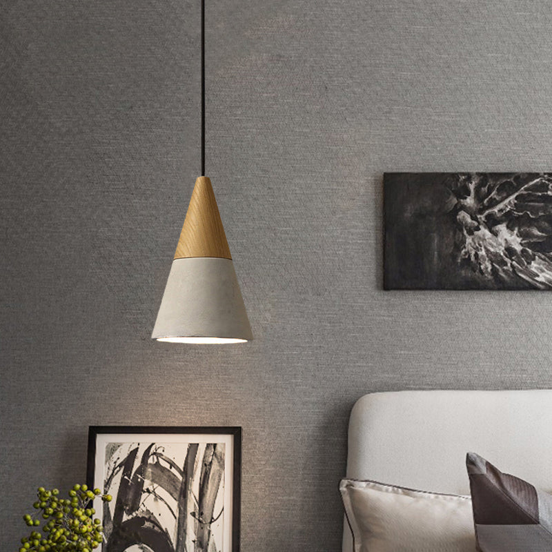 Industrial Pendant Lamp With Wood Top - Cement Grey Cone/Trapezoid/Can Shape 1-Head