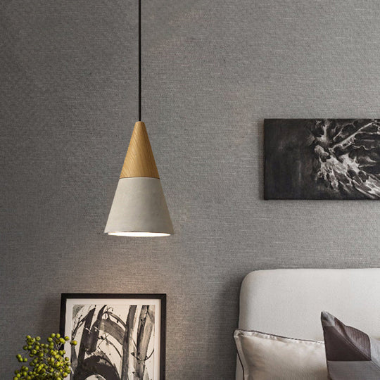 Industrial Pendant Lamp With Wood Top - Cement Grey Cone/Trapezoid/Can Shape 1-Head