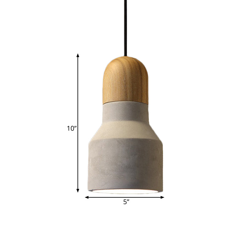 Industrial Pendant Lamp With Wood Top - Cement Grey Cone/Trapezoid/Can Shape 1-Head