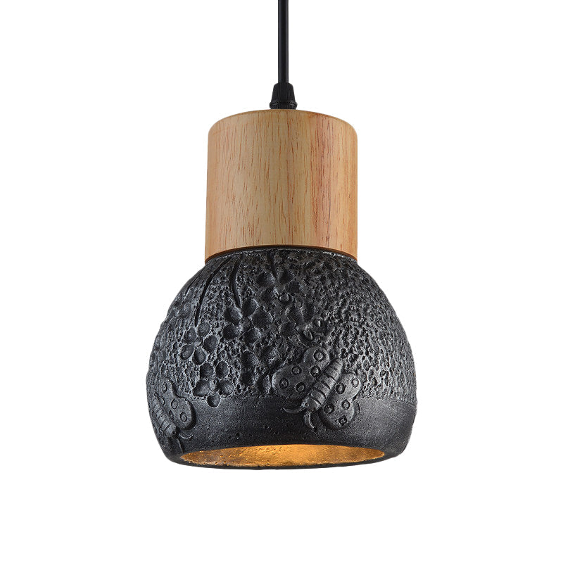 Industrial Black/Grey/Brown Head Cement Ceiling Light With Wood Dome And Butterfly Pattern- Bedroom