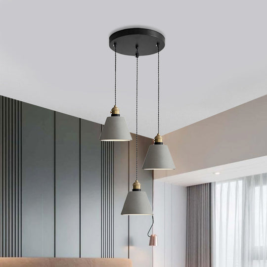 Industrial Cement Cone/Bell/Drum Pendant Lamp - 3 Heads Multi Ceiling Light Grey Various Height