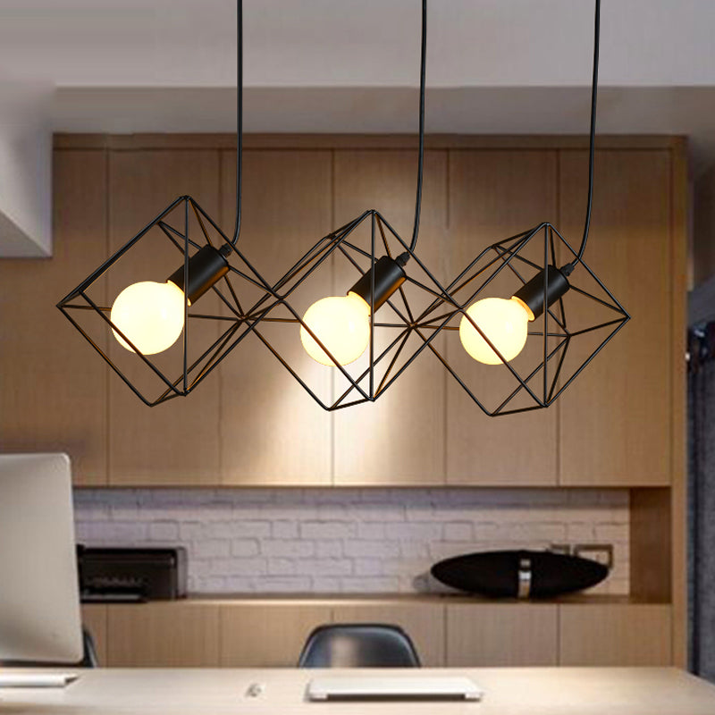 Iron Black Cube Cage Pendant Lamp - Industrial Style With 3 Bulbs Multiple Hanging Lights